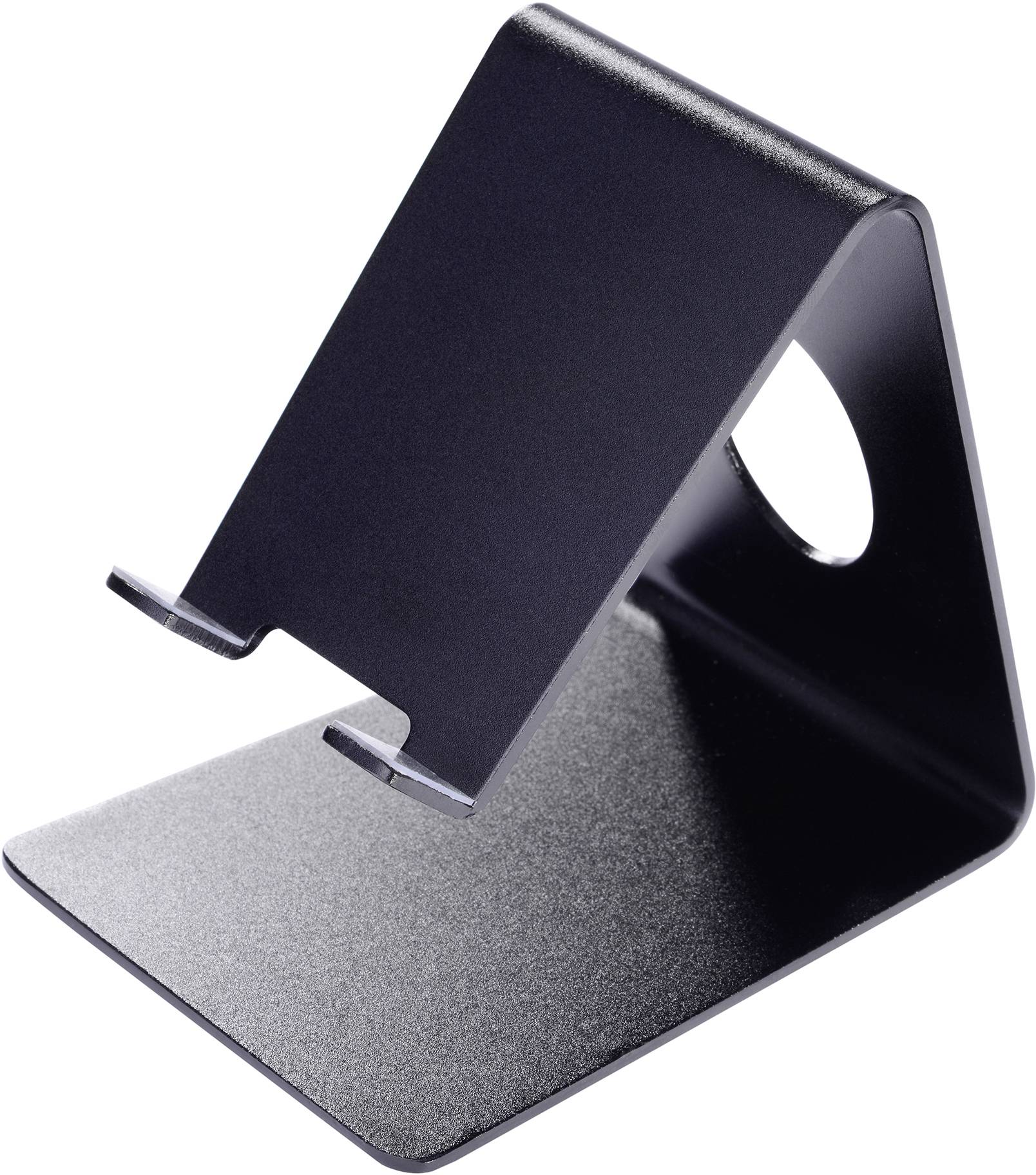 Zwarte, metalen telefoonhouder met gekantelde steun en opening aan de achterkant voor kabels.