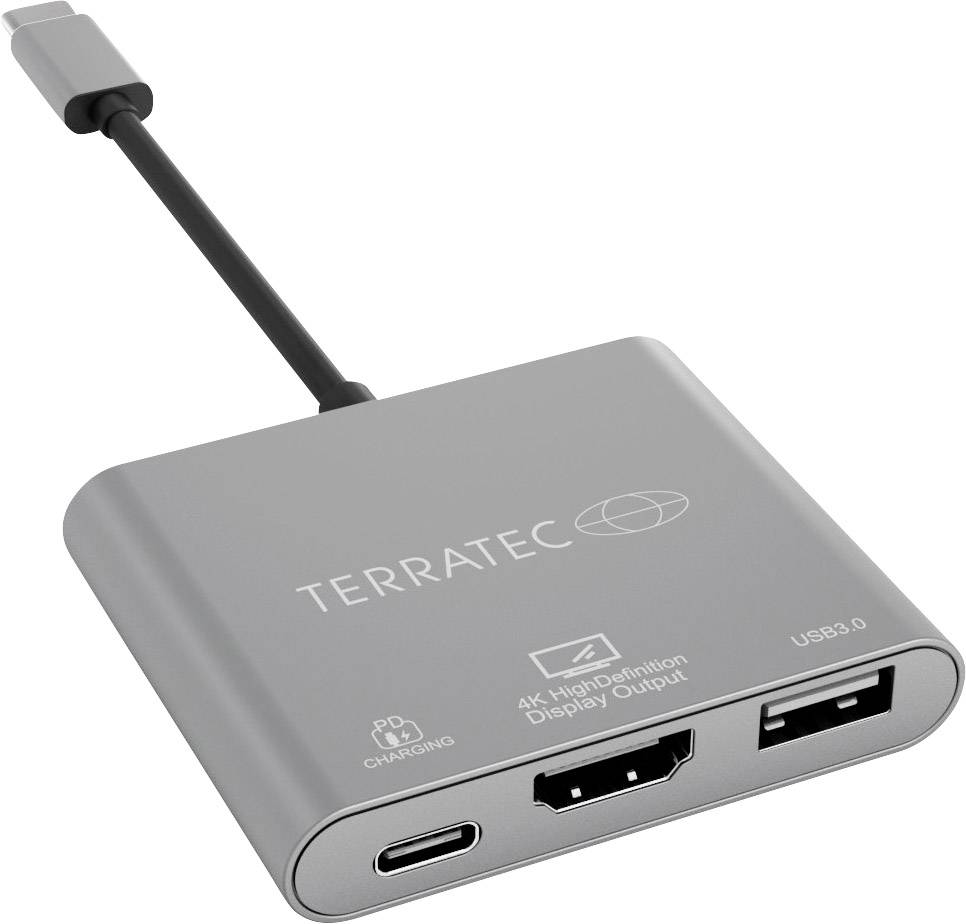 Een grijze adapter met het opschrift 'Terratec' biedt aansluitingen voor HDMI, USB 3.0 en USB-C.