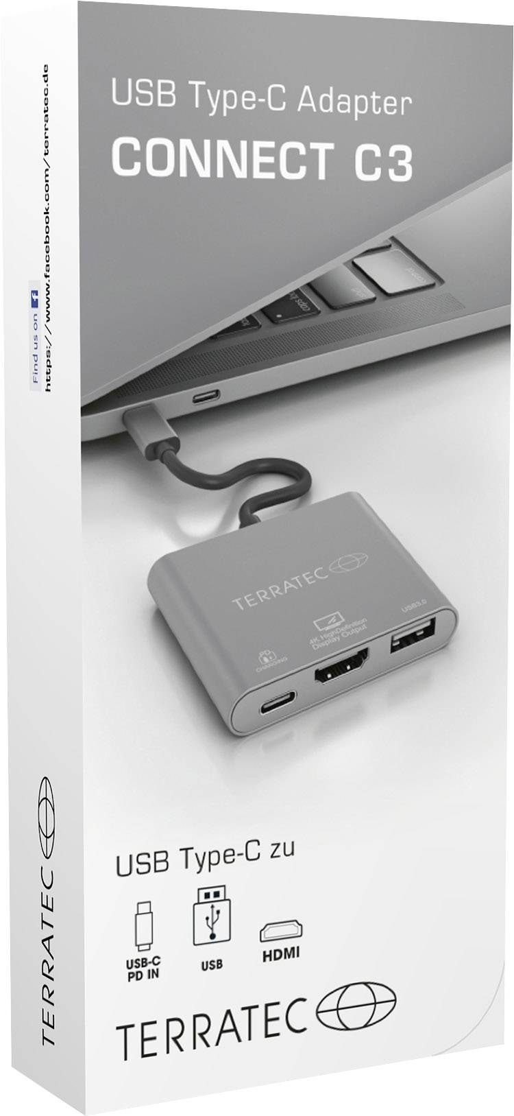 'USB Type-C Adapter CONNECT C3' Verpakking met afbeelding van een adapter die is aangesloten op een laptop. Adapter beschikt over USB-C, USB en HDMI-poorten.