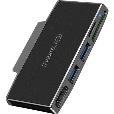 Een zwarte Terratec USB-hub met vijf aansluitingen, waaronder USB- en kaartlezer-slots. Compact ontwerp voor uitgebreide connectiviteit.