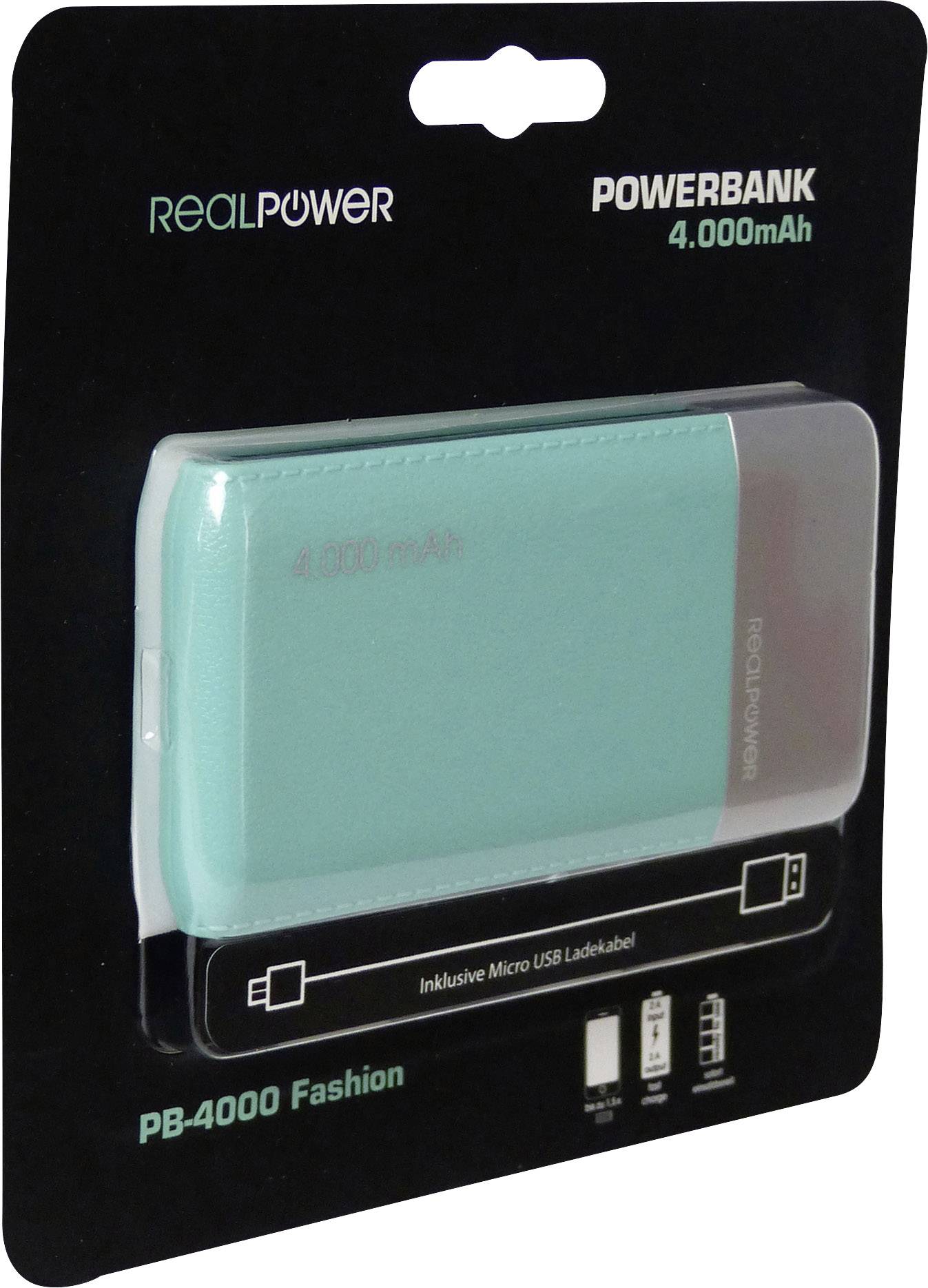 Verpakking van een turquoise powerbank met 4000mAh van RealPower. Bevat Micro USB-laadkabel. Model: PB-4000 Fashion.