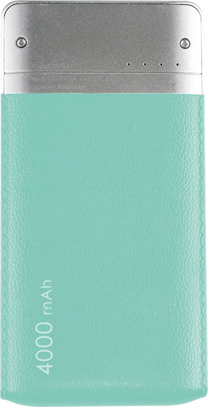 Externe powerbank met blauwe behuizing en metalen bovenkant, capaciteit van 4000 mAh.