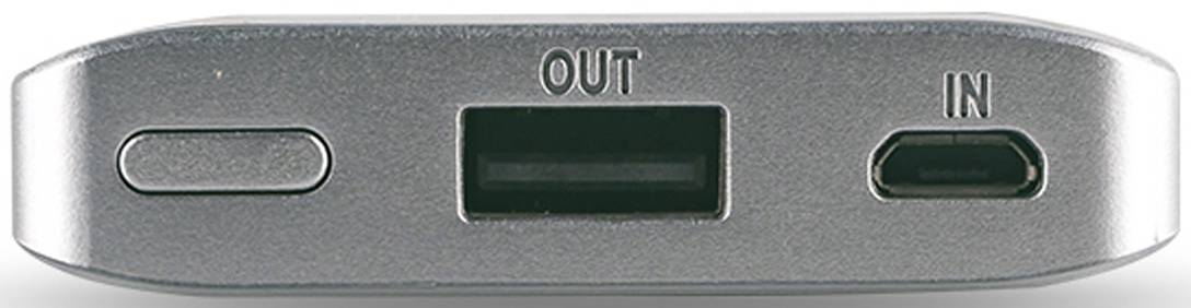 Een zilveren apparaat met een grote USB-uitgang en een kleine USB-ingang, gemarkeerd met 'OUT' en 'IN'.