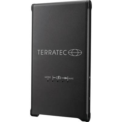 Een extern apparaat met het opschrift 'TERRATEC', toont de bedrijfsmodi en een laadstatus. Het is slank en draagbaar.