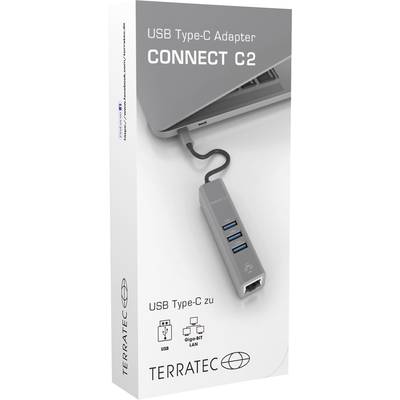 USB Type-C Adapter CONNECT C2 van TERRATEC: Toont adapter, verbonden met laptop, biedt USB-poorten, audio en LAN.