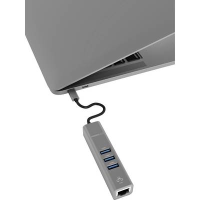 Een laptop is verbonden met een USB-hub die drie USB-poorten en een LAN-poort biedt.