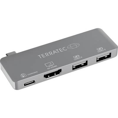 Een grijze USB-hub met het opschrift 'TERRATEC', voorzien van een PD-oplaadpoort en een 4K-HDMI-aansluiting, evenals twee USB 3.0-poorten.
