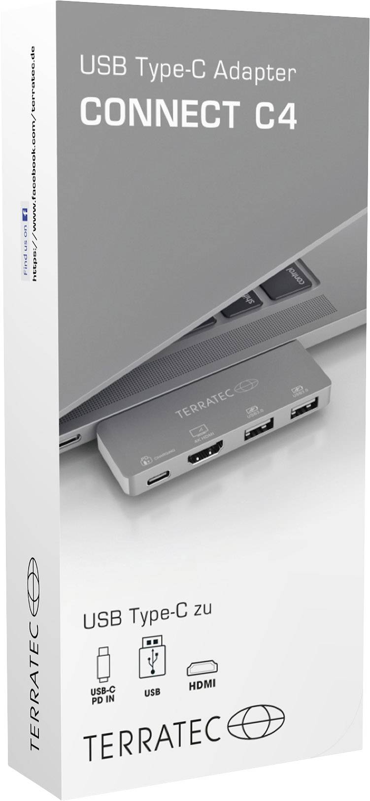 'Verpakking van een USB Type-C adapter CONNECT C4 van Terratec, toont verschillende aansluitingsmogelijkheden zoals USB, HDMI en SD-kaart.'