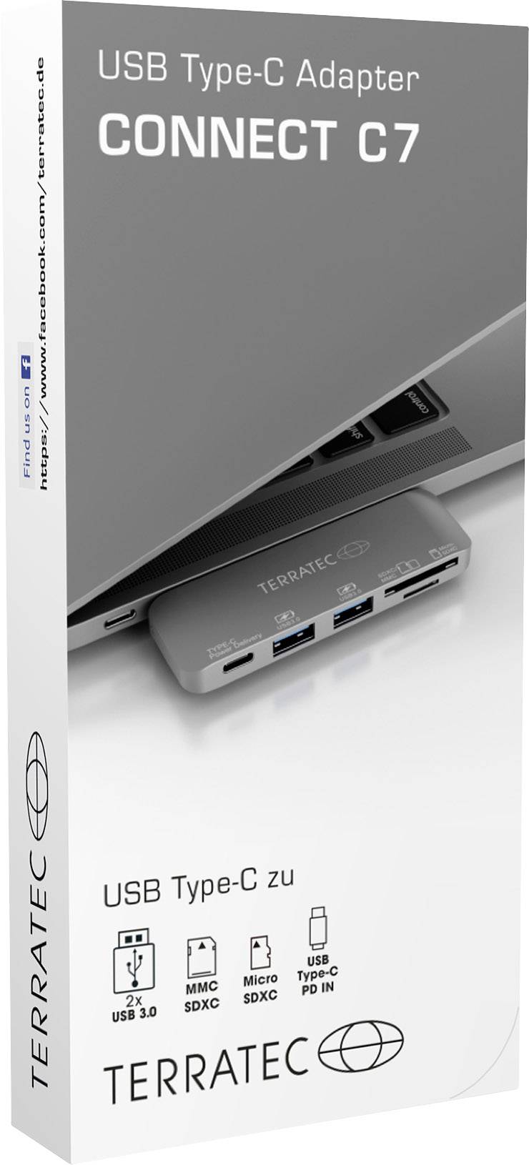 'CONNECT C7 USB Type-C Adapter' verpakking toont een adapter die is aangesloten op een laptop. Ondersteunt USB, Mini SD, Micro SD, USB PD.
