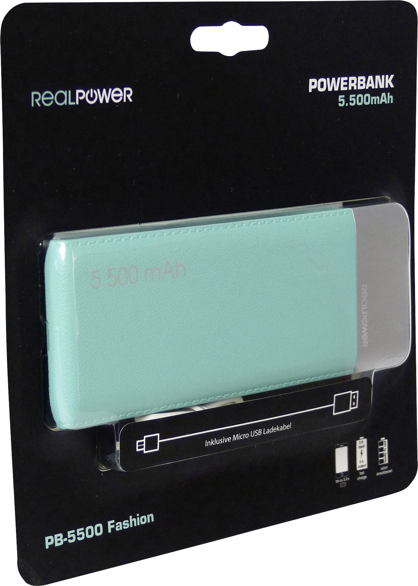 'RealPower Powerbank PB-5500 Fashion' in turquoise op zwarte verpakking. Capaciteit 5.500 mAh. Inclusief Micro-USB-laadkabel.