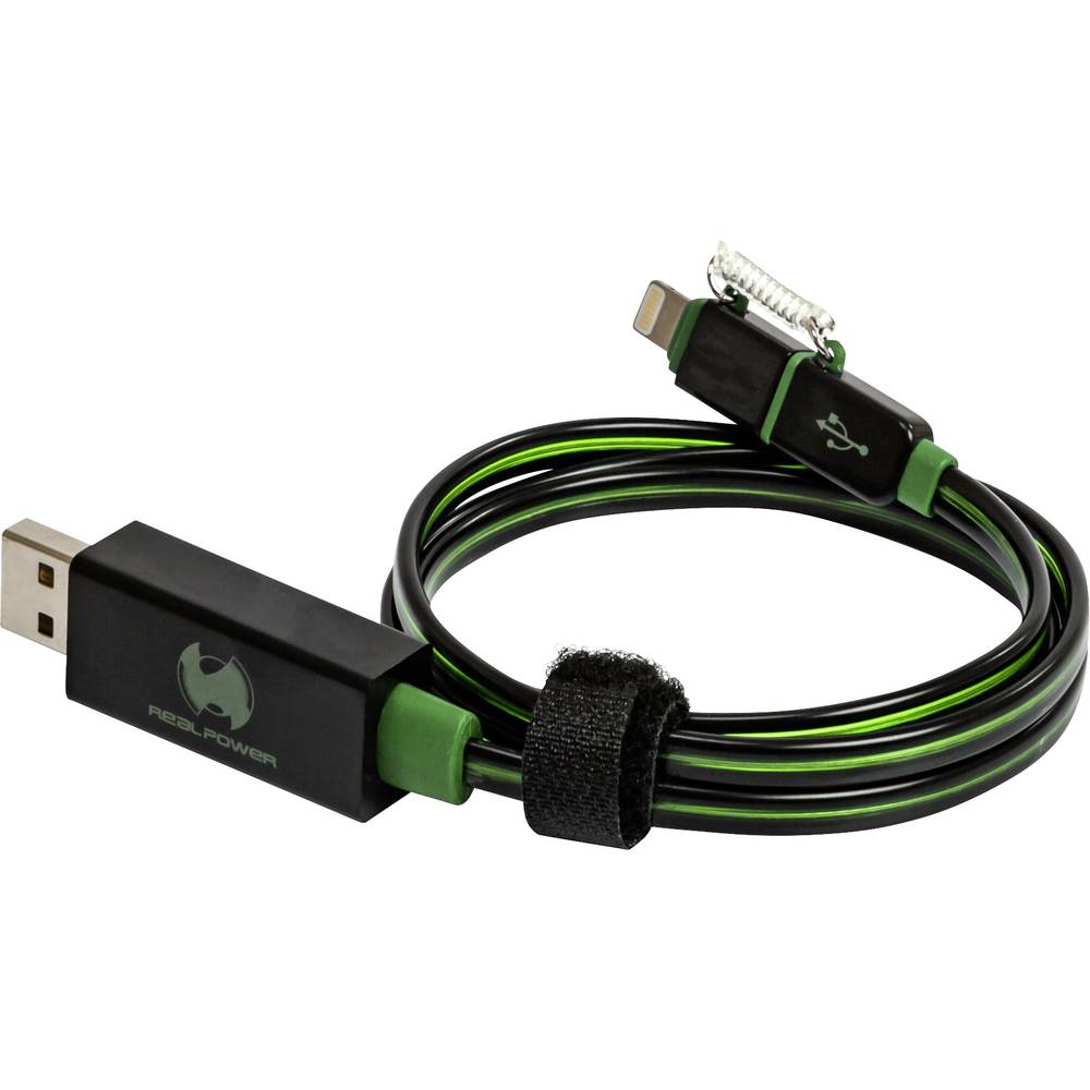 RealPower USB-kabel USB 2.0 USB-A stekker, Apple Lightning stekker 0.75 m Groen Met LED 185962