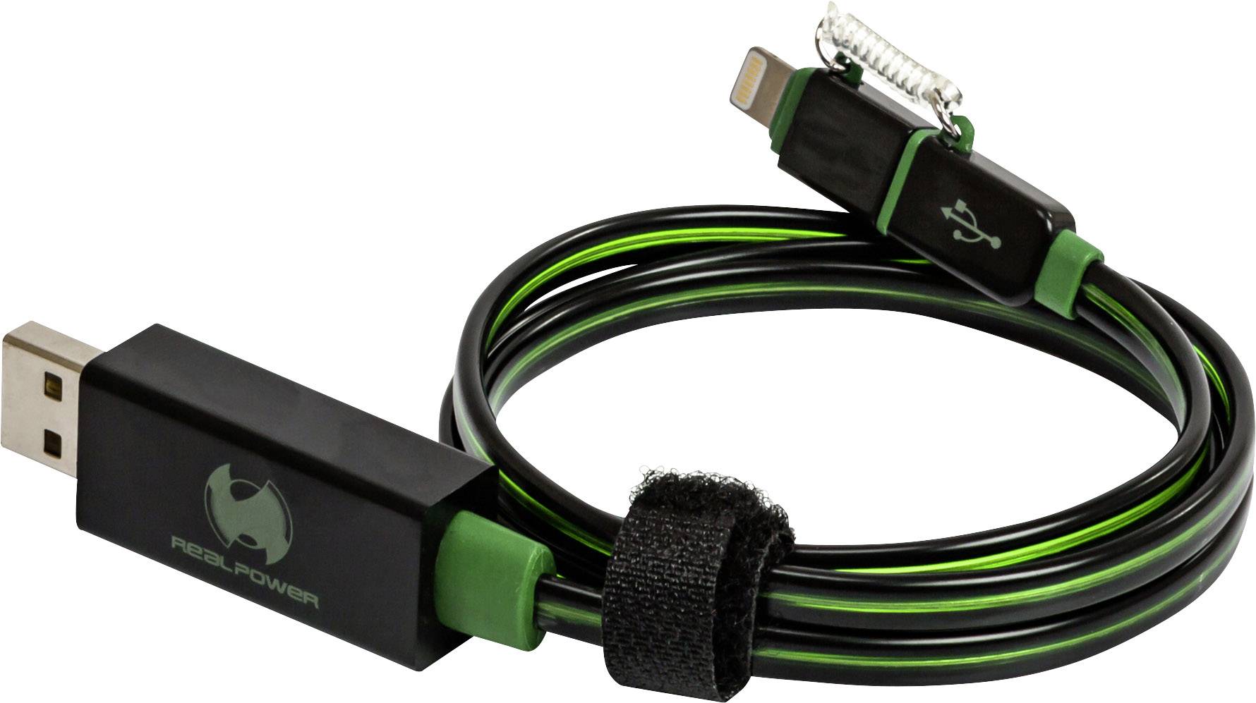 Zwart USB-kabel met groene accenten, opgerold. Het ene uiteinde is een USB-A-stekker, het andere een Micro-USB-stekker met groen symbool.