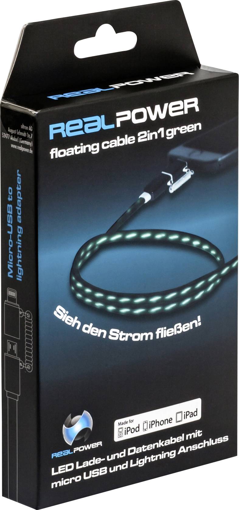 Verpakking van een 'REALPOWER' LED laad- en datacabel, micro USB en Lightning, groen, toont verlicht kabelontwerp en productinformatie.