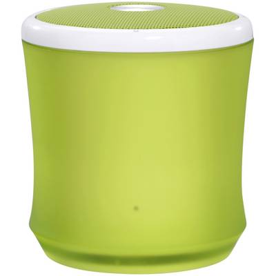 Groene, cilindervormige luidspreker met een witte rand en een roosterachtige luidsprekerkap.