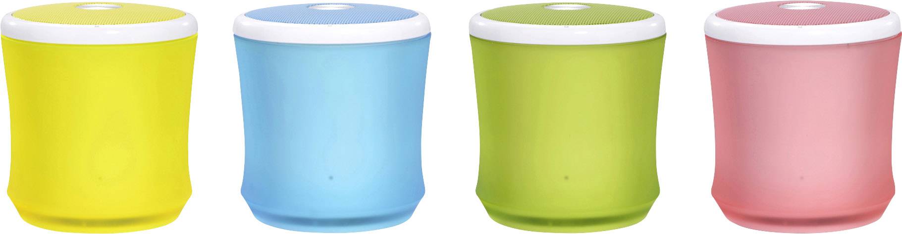 Vier kleurrijke containers met witte deksels, van links naar rechts gerangschikt in geel, blauw, groen en roze.