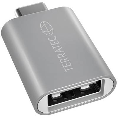 Een zilveren USB-C-naar-USB-A-adapter van Terratec, geschikt voor het aansluiten van USB-A-apparaten op USB-C-poorten.