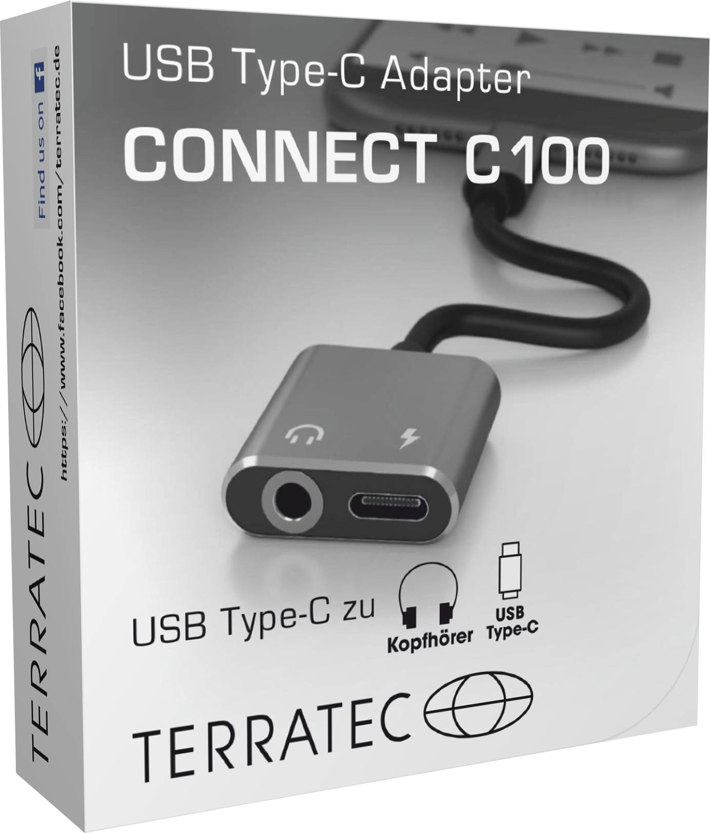 USB Type-C Adapter CONNECT C100 van TERRATEC, verbindt USB Type-C met hoofdtelefoonaansluiting. Geschikt voor verschillende apparaten.