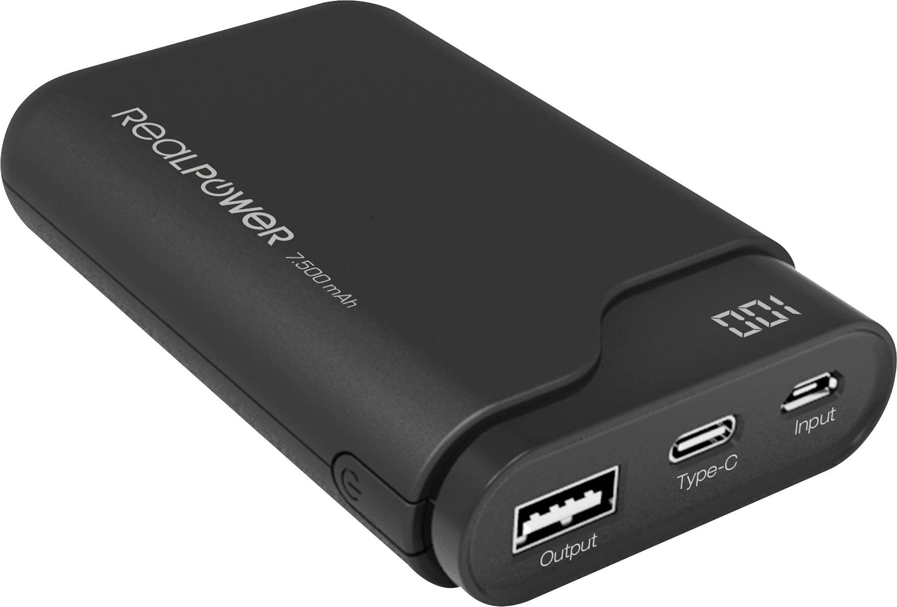 Een zwarte powerbank met de opdruk 'RealPower 7500 mAh'. Hij beschikt over USB- en USB-C-aansluitingen en een LED-display.