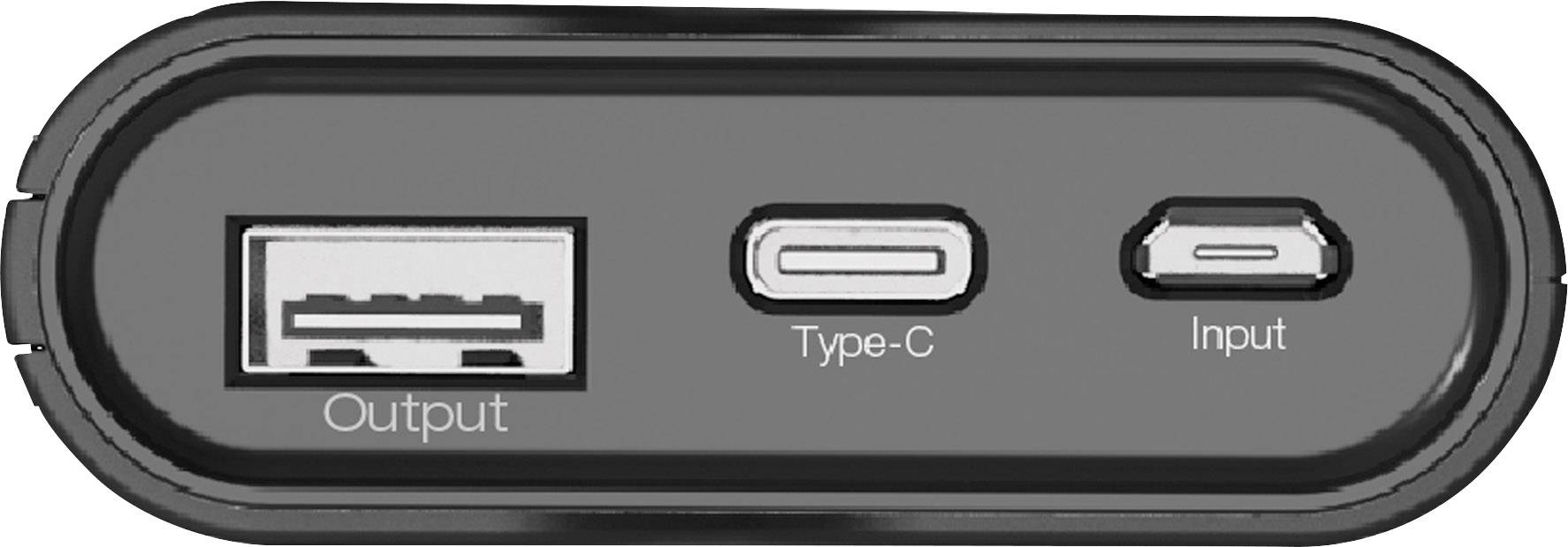 'Drievoudige aansluiting van een oplader: USB-uitgang, USB-C-aansluiting, micro-USB-ingang. Beschrijvingen: Output, Type-C, Input.'