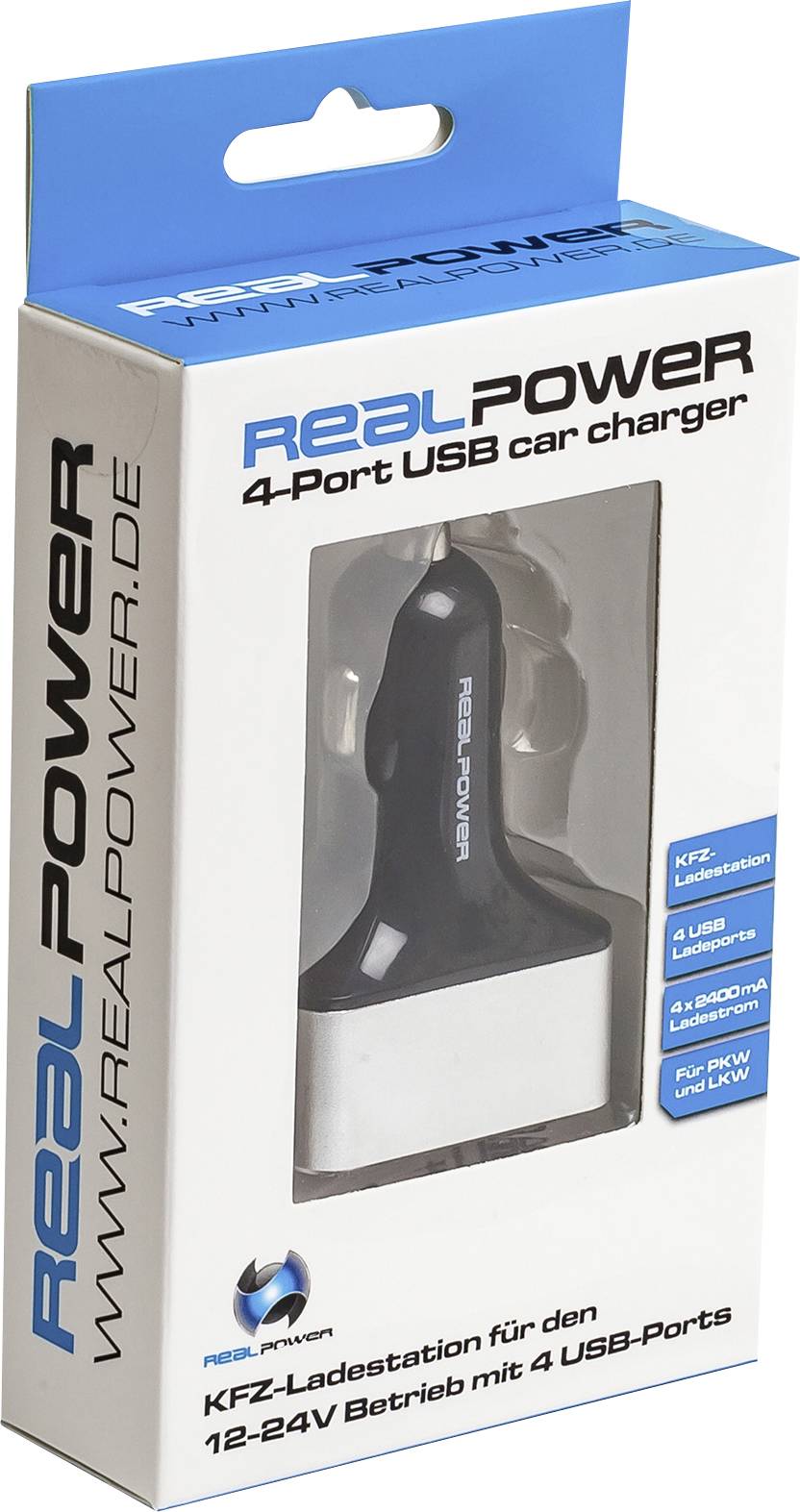 RealPower 176636 USB-oplader Auto Uitgangsstroom (max.) 2400 mA Aantal uitgangen: 4 x USB-1