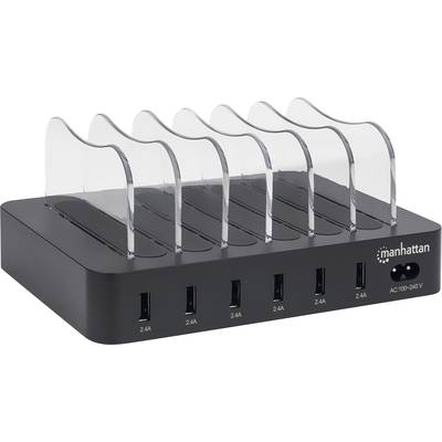 Laadstation met zes transparante houders en vijf USB-poorten, geschikt voor het gelijktijdig opladen van meerdere apparaten.