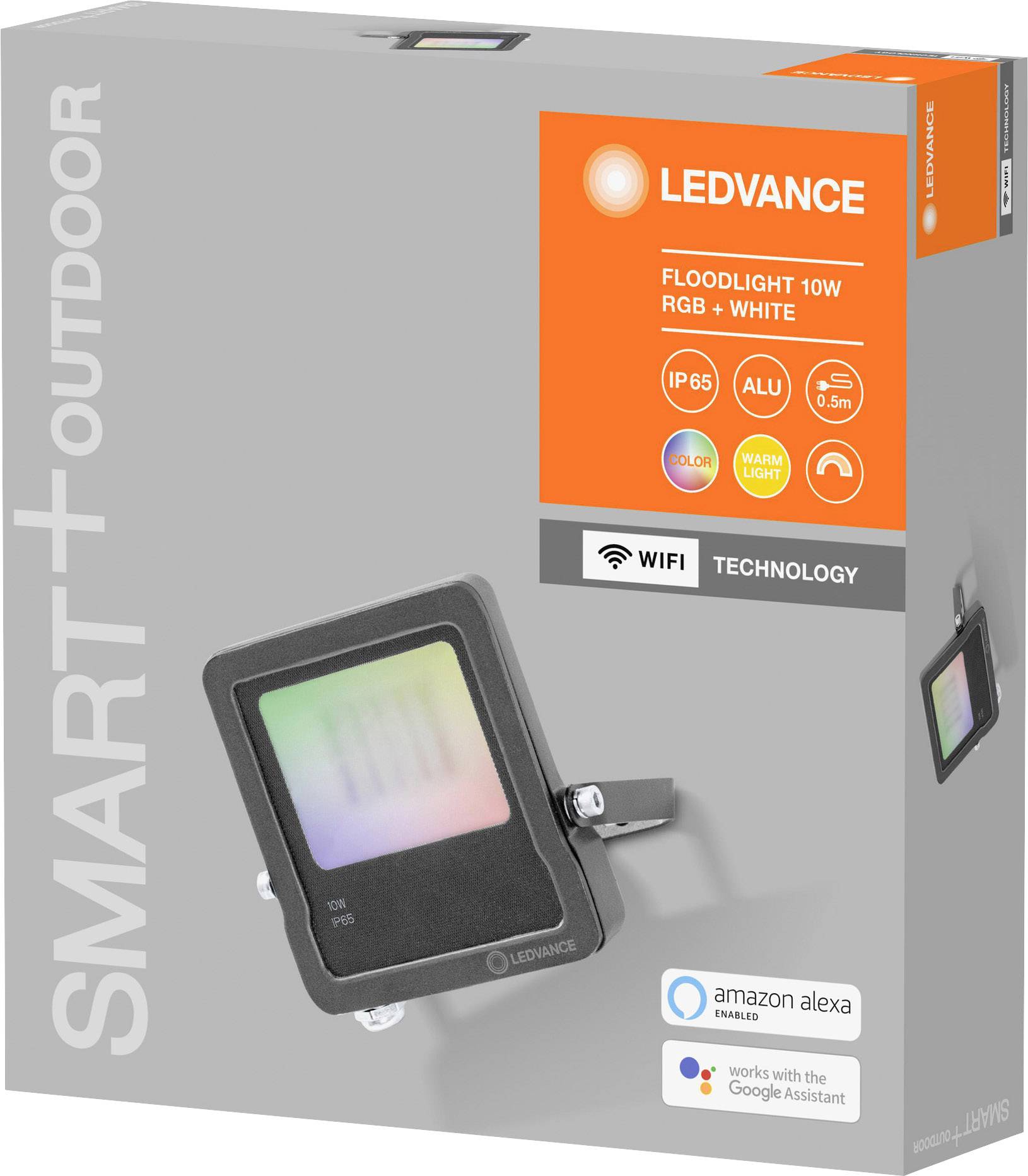 Verpakking van een LED-buitenspotlight van Ledvance. Details: 10W, RGB+Wit, IP65, bestuurbaar via WLAN, compatibel met Amazon Alexa en Google Assistant.