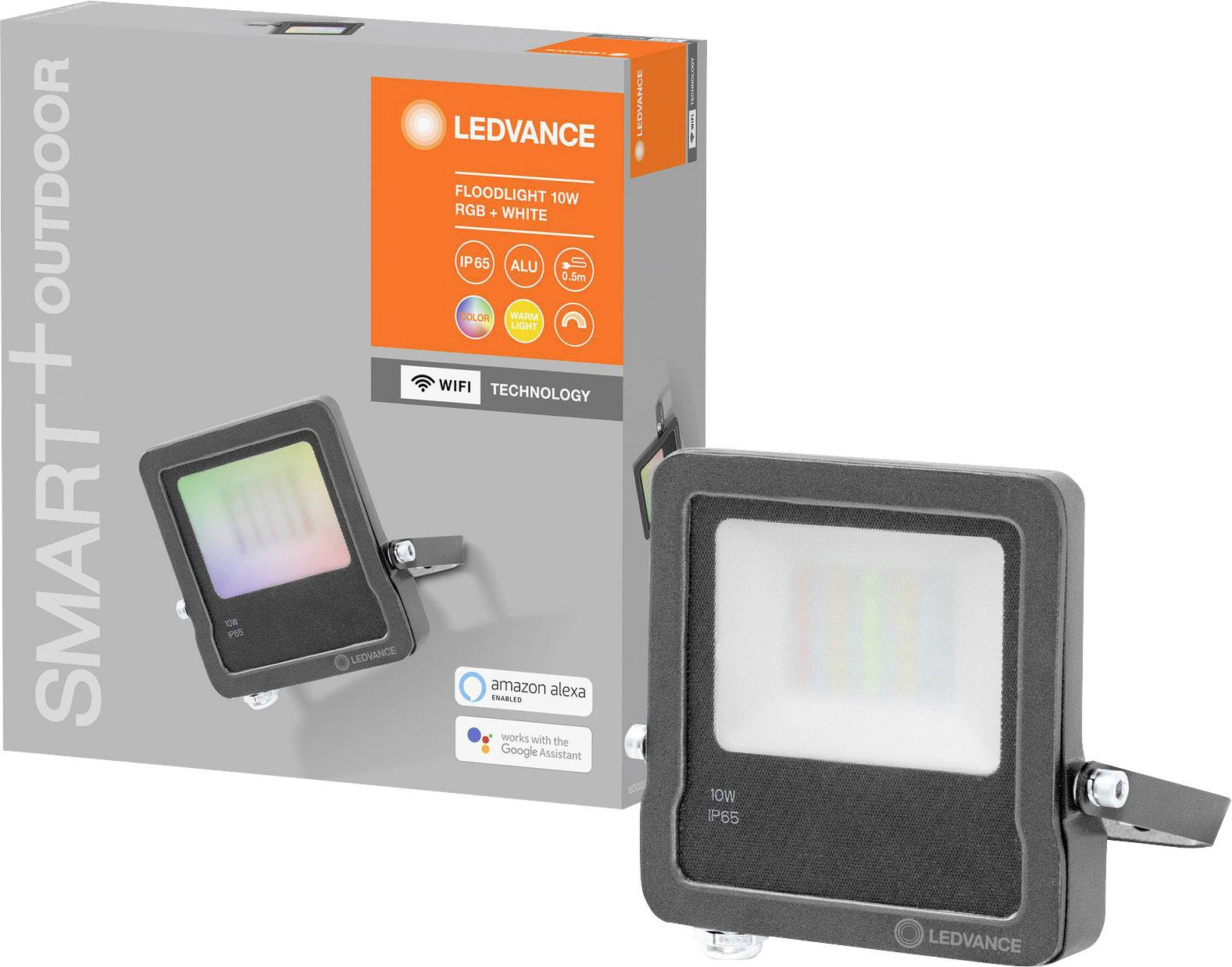 LED-schijnwerper op verpakking; 10W, RGB + Wit, compatibel met Amazon Alexa en Google Assistant; IP65 waterdicht, WiFi-technologie.