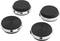Vier zwarte, ronde rubberen onderzetters met een metalen rand, twee met een gladde oppervlakte en twee met verhoogde cirkels.
