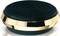 Een ronde, platte voorwerp met zwarte groeven en een goudkleurige rand, mogelijk een decoratieve deksel of standaard.