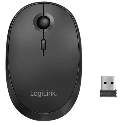 Een zwarte draadloze computermuis met scrollwiel, naast een USB-ontvanger. Beide zijn van het merk LogiLink.