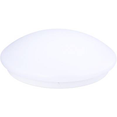Een ronde, platte, witte plafondlamp met een eenvoudig ontwerp. Ideaal voor de verlichting van binnenruimtes.