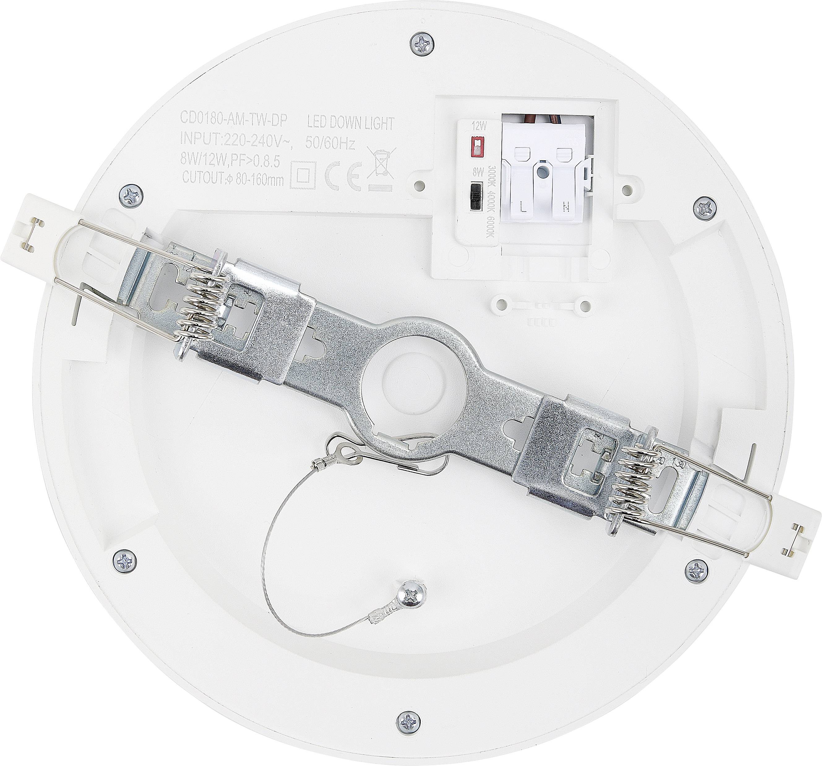 Plafondlamp gezien van onderen met metalen bevestiging en kabelaansluiting. Tekst op de lamp: 'LED Downlight 8W/12W'.