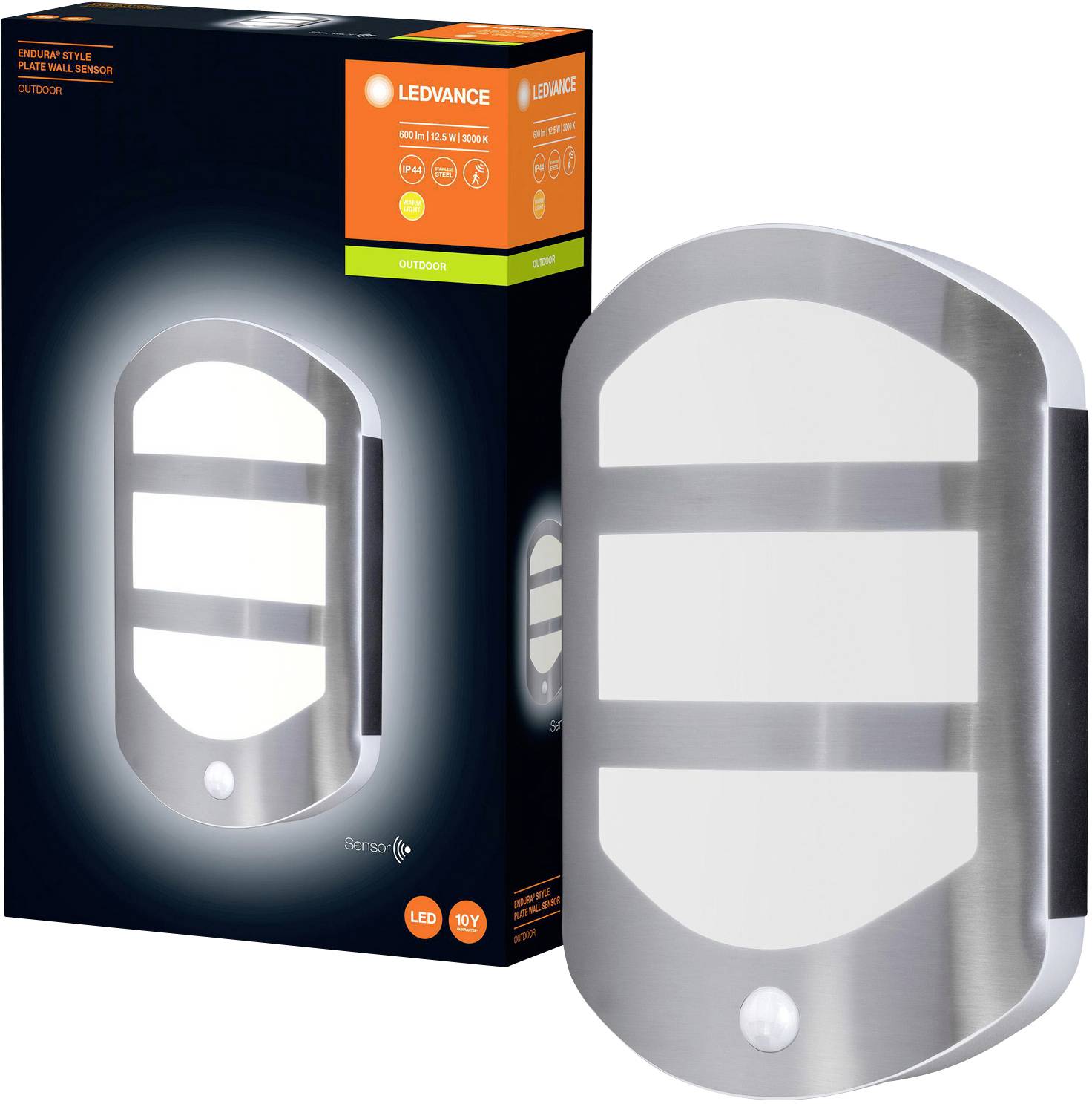 Buitenwandlamp met bewegingsmelder, zilverkluis behuizing, energiezuinige LED-technologie; verpakking toont model en kenmerkende symbolen.