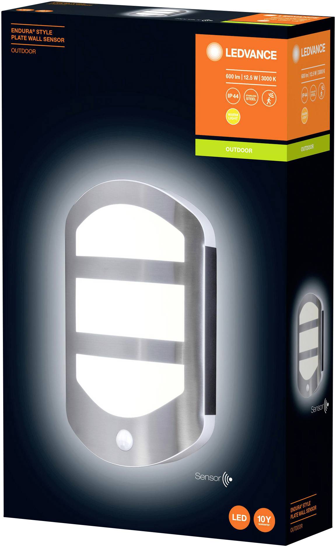 Verpakking van een LED-buitenlamp met sensor, roestvaststaal-look. De lamp straalt wit licht uit. Geschikt voor buitengebruik.