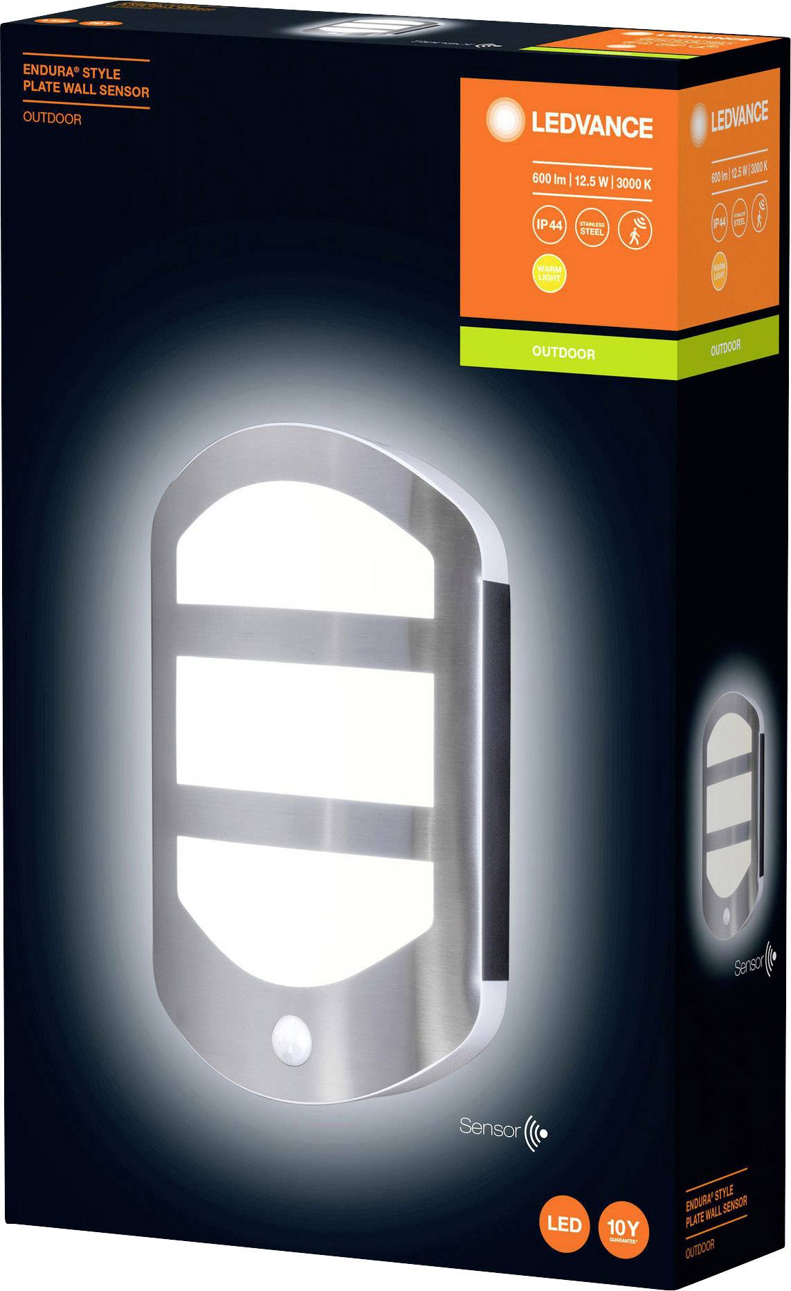 Buitenwandlamp met sensortechnologie, LED, zilverkleurig, geschikt voor buitengebruik, zoals afgebeeld op de verpakking.