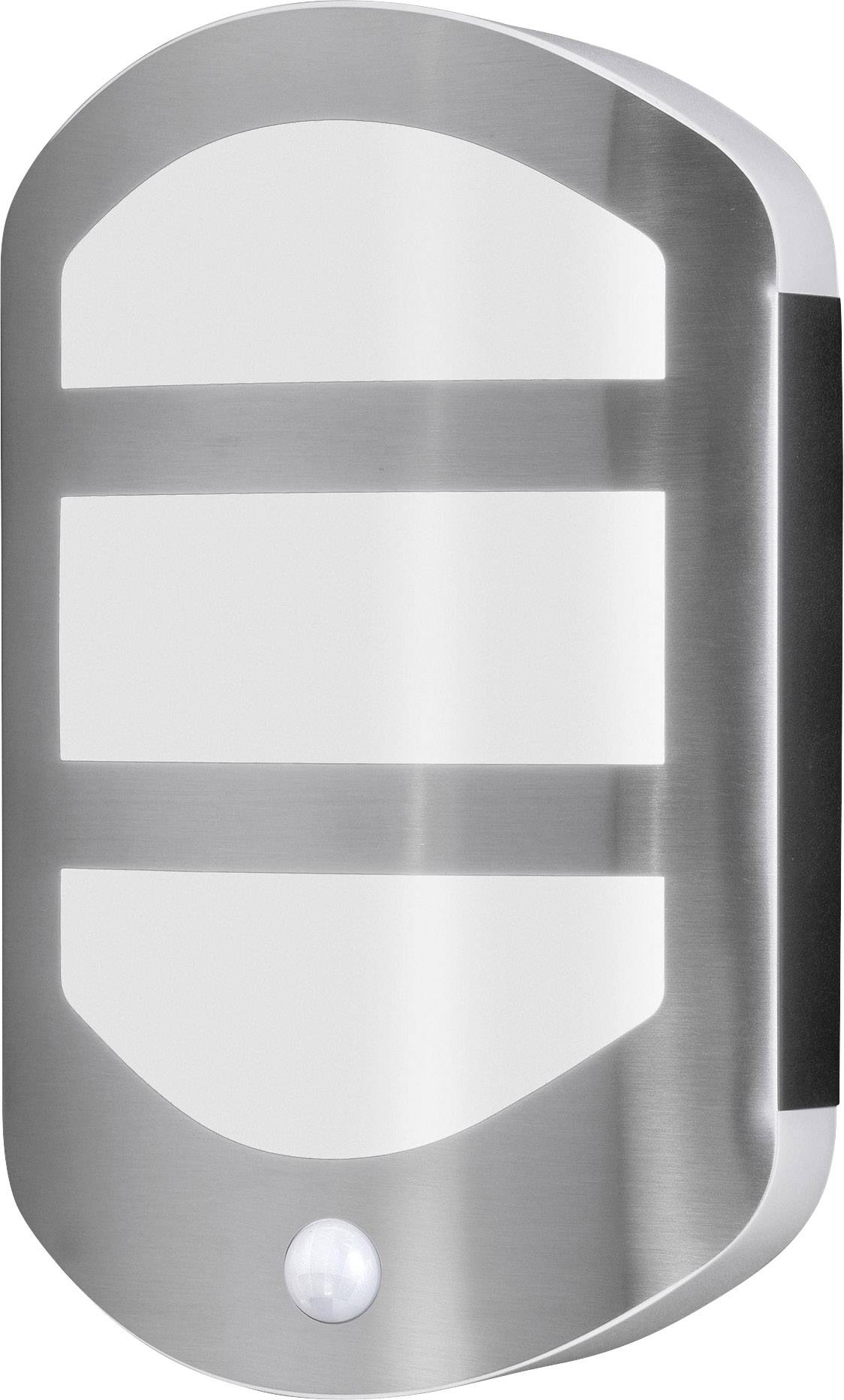 Wandlamp van roestvrij staal met geïntegreerde bewegingssensor. Modern, afgerond ontwerp met twee heldere verlichtingsvlakken. Geschikt voor buitenruimtes.