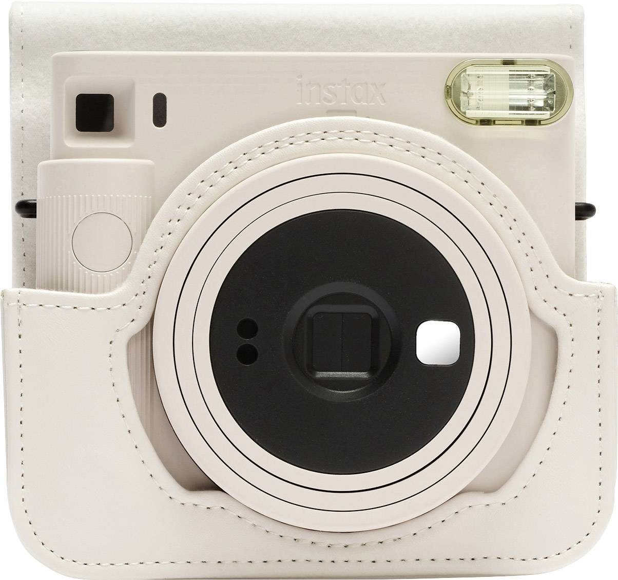 Een crèmewitte directe camera in een bijpassende tas. De camera heeft een rond lensgedeelte en een flitslicht rechtsboven.
