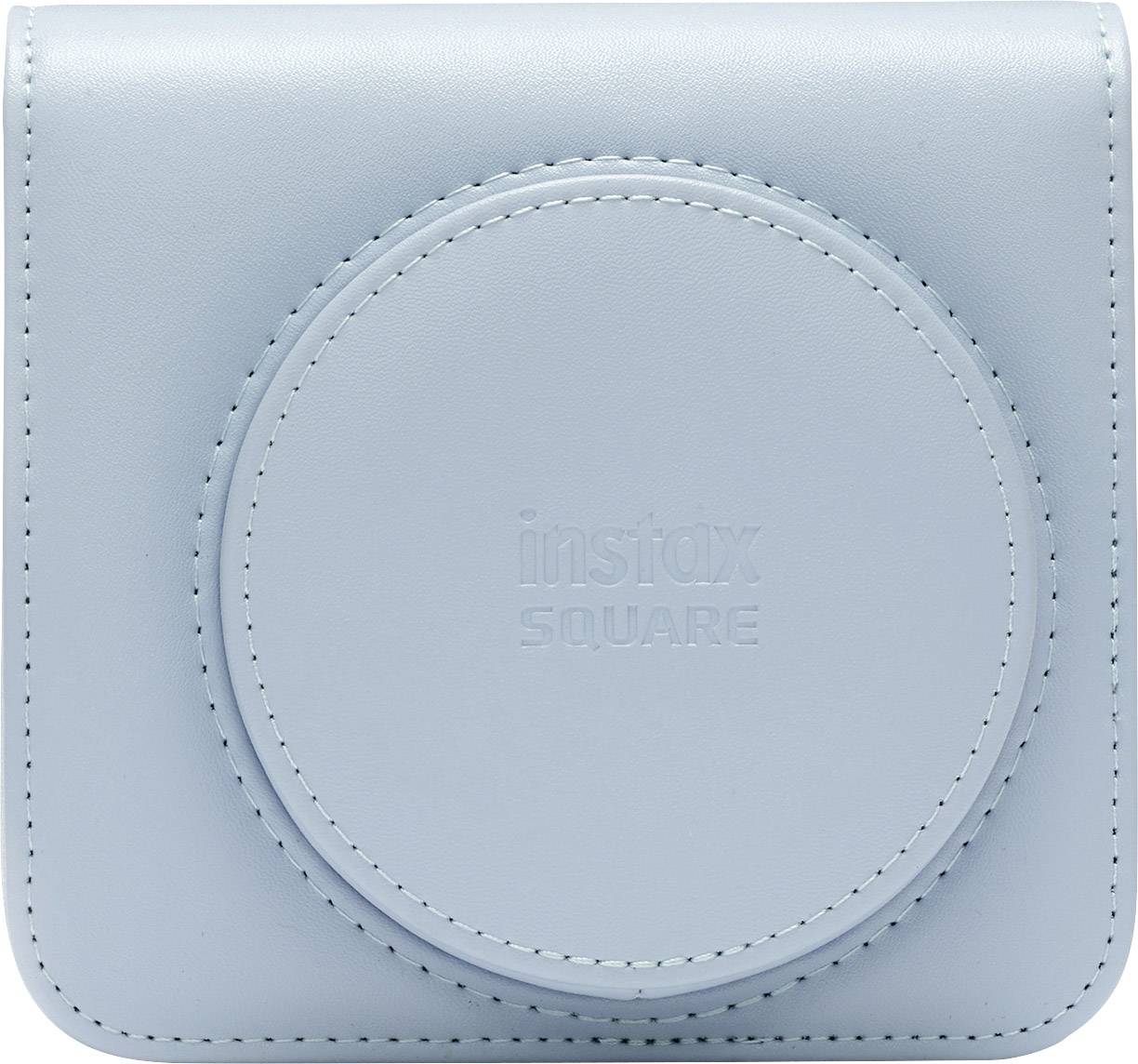 Een lichtblauwe cameratas met een rond voorpaneel en het 'Instax Square'-logo in reliëf.