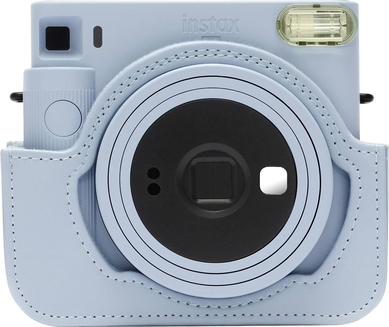 Een blauwe instantcamera met een rond objectief en ingebouwde flitser in een bijpassende beschermhoes.