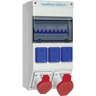Elektriciteitsverdeler met twee blauwe stopcontacten en twee rode aansluitbussen. Bovenaan gemarkeerd met 'Walther CEEtyp'.