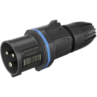 Een zwarte elektrische stekkerdoos van Walther-Werke met drie metalen pennen, een blauwe ring en een barcode op de behuizing.