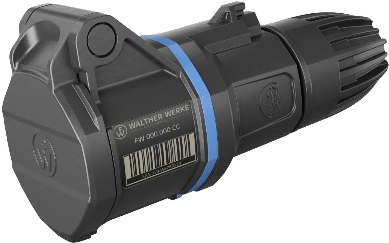Een zwarte industriële koppelstekker met blauwe streep en barcode, van 'Walther-Werke', modelnummer 'FW 000 000 CC'.