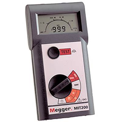Een digitaal isolatiemeetapparaat, model MIT200 van Megger, toont een meetwaarde van 999 Megohm. Grote testknop bovenaan.