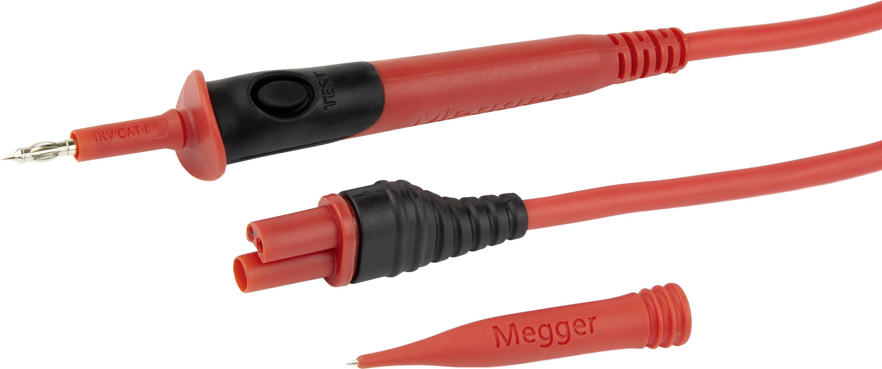 Rood meetleidingkabel met meetpunt en afdekking waarop 'Megger' staat. Geschikt voor elektrische meet- en testopgaven.