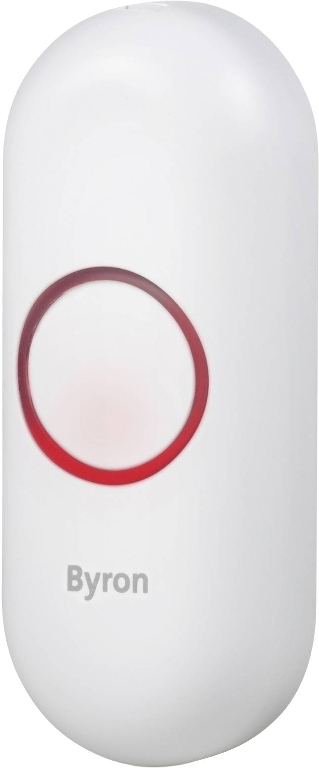 Witte, ovale deurbel met rode knop in het midden. Daaronder de naam 'Byron'.