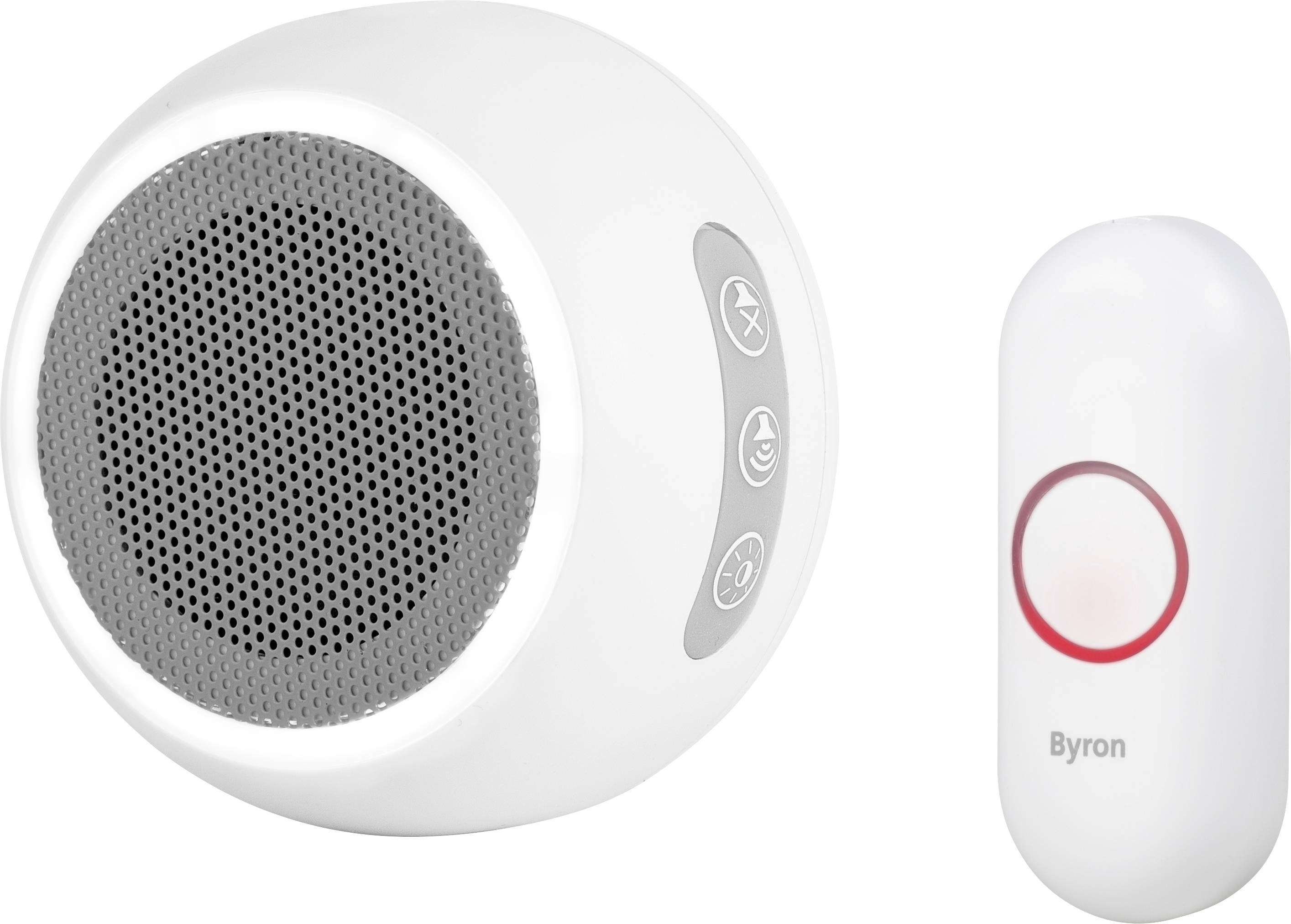 Een witte, ronde draadloze deurbel met luidspreker en een bijpassende knop met rode verlichtingsring, voorzien van het merk 'Byron'.