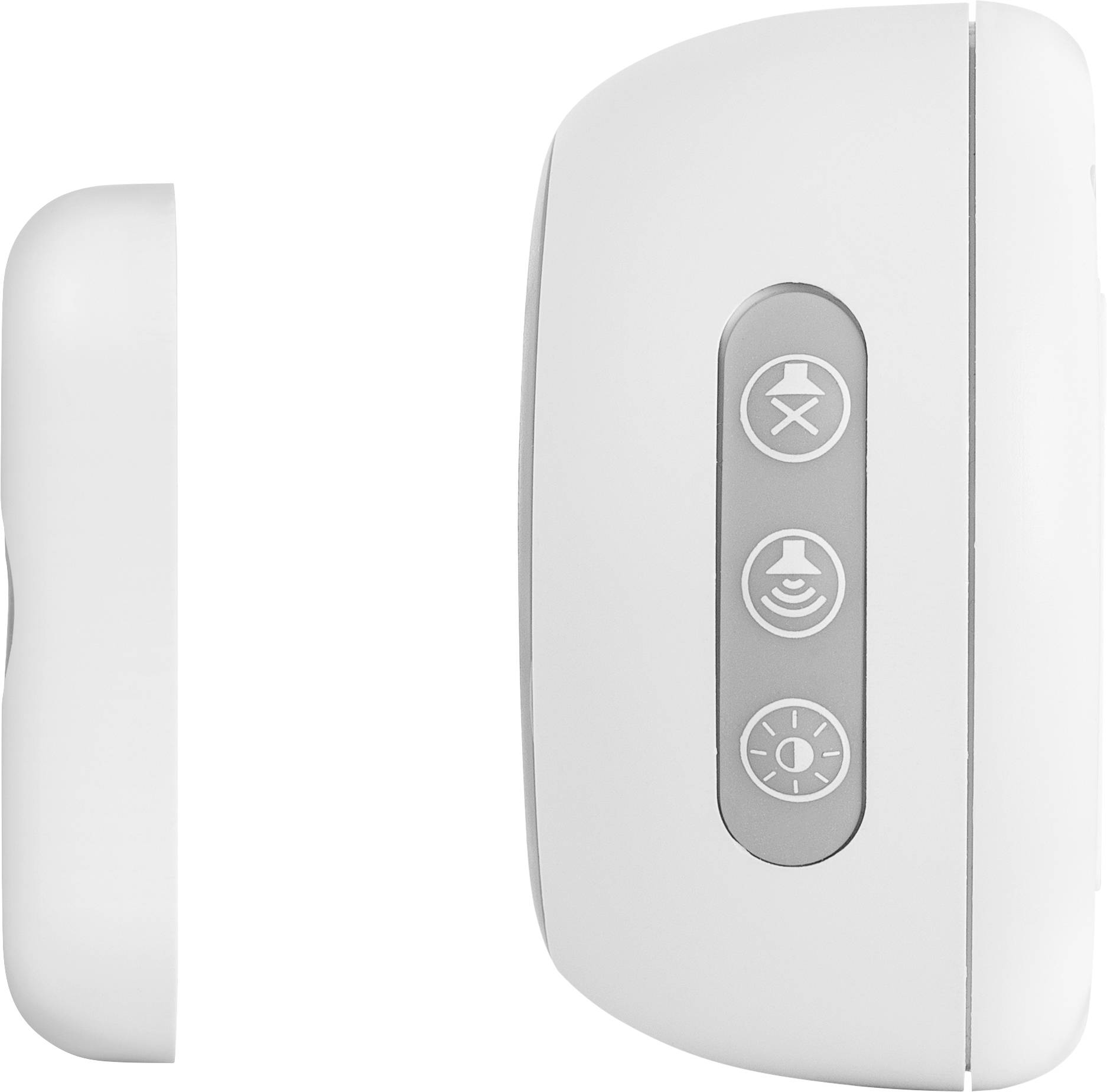 Twee witte apparaten. Links een kleiner rechthoekig apparaat, rechts een groter apparaat met drie symbolen: ster, luidspreker, licht.