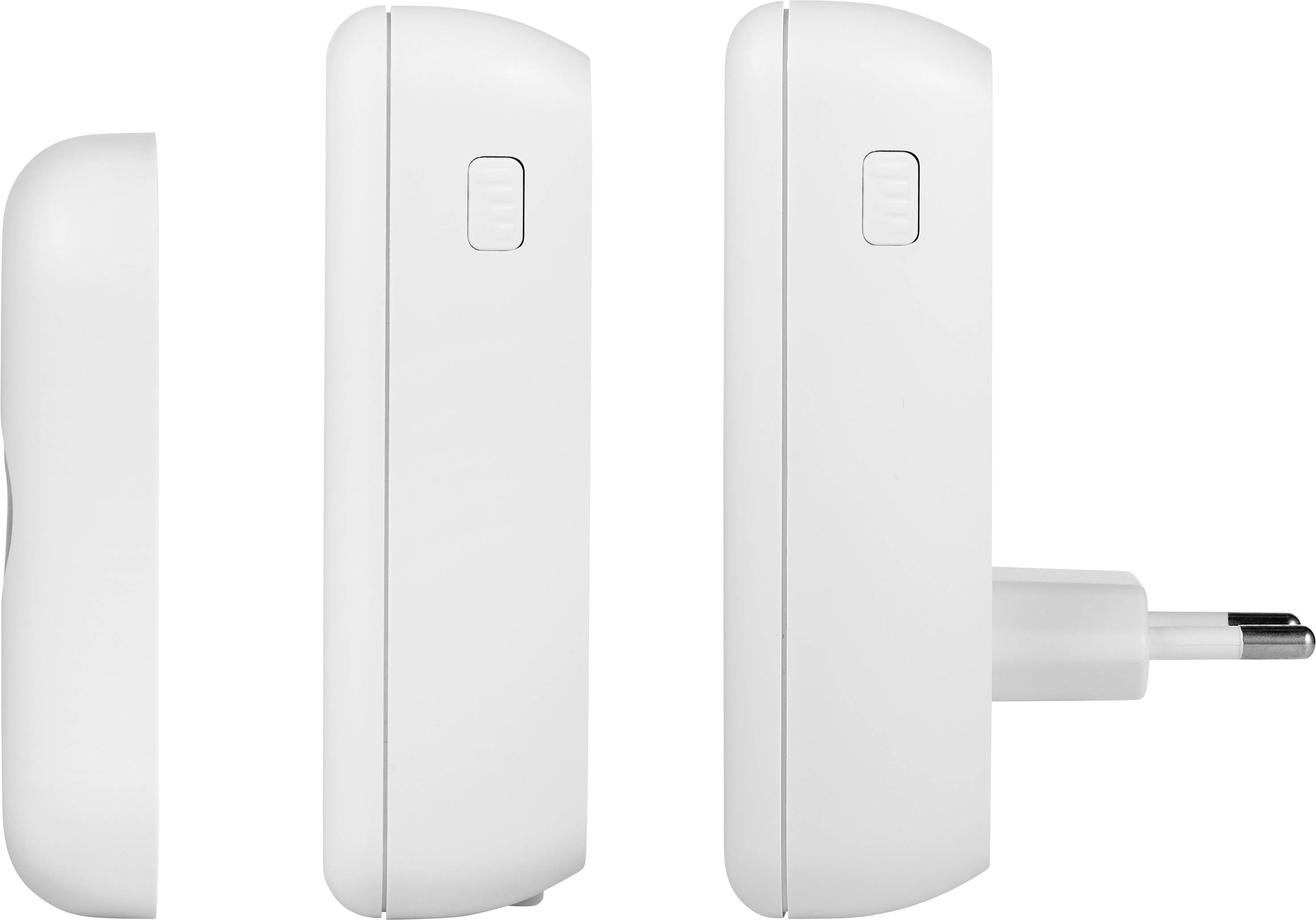 Bovenaanzicht en zijaanzicht van een witte stekker met schakelaar. Adapter heeft een Europese stekkervorm.