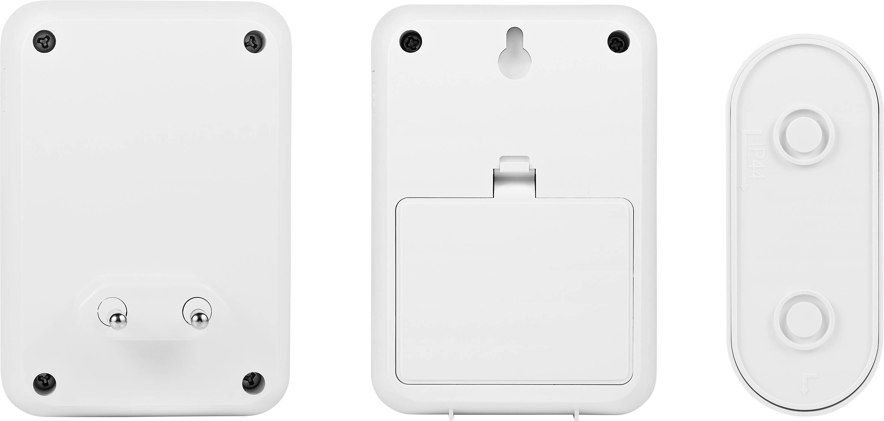 Achterkant van drie witte elektronische apparaten met verschillende montage-opties en batterijvakdeksels.