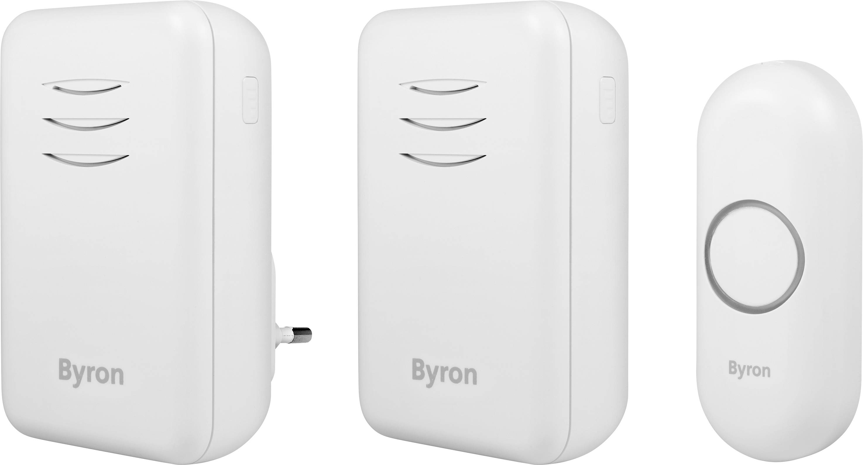Twee witte draadloze deurbel-ontvangers en een zender met belknop op een witte achtergrond, allemaal voorzien van het opschrift 'Byron'.